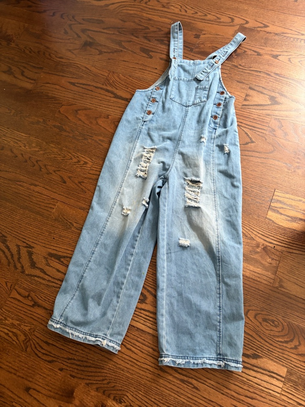 Women’s Wide Leg Light Wash Distressed Denim Overalls
